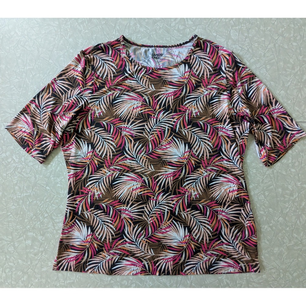 Lands End Womens Rashguard Swim Top Palm Leaf Print Pink‎ Brown 14-16 Large